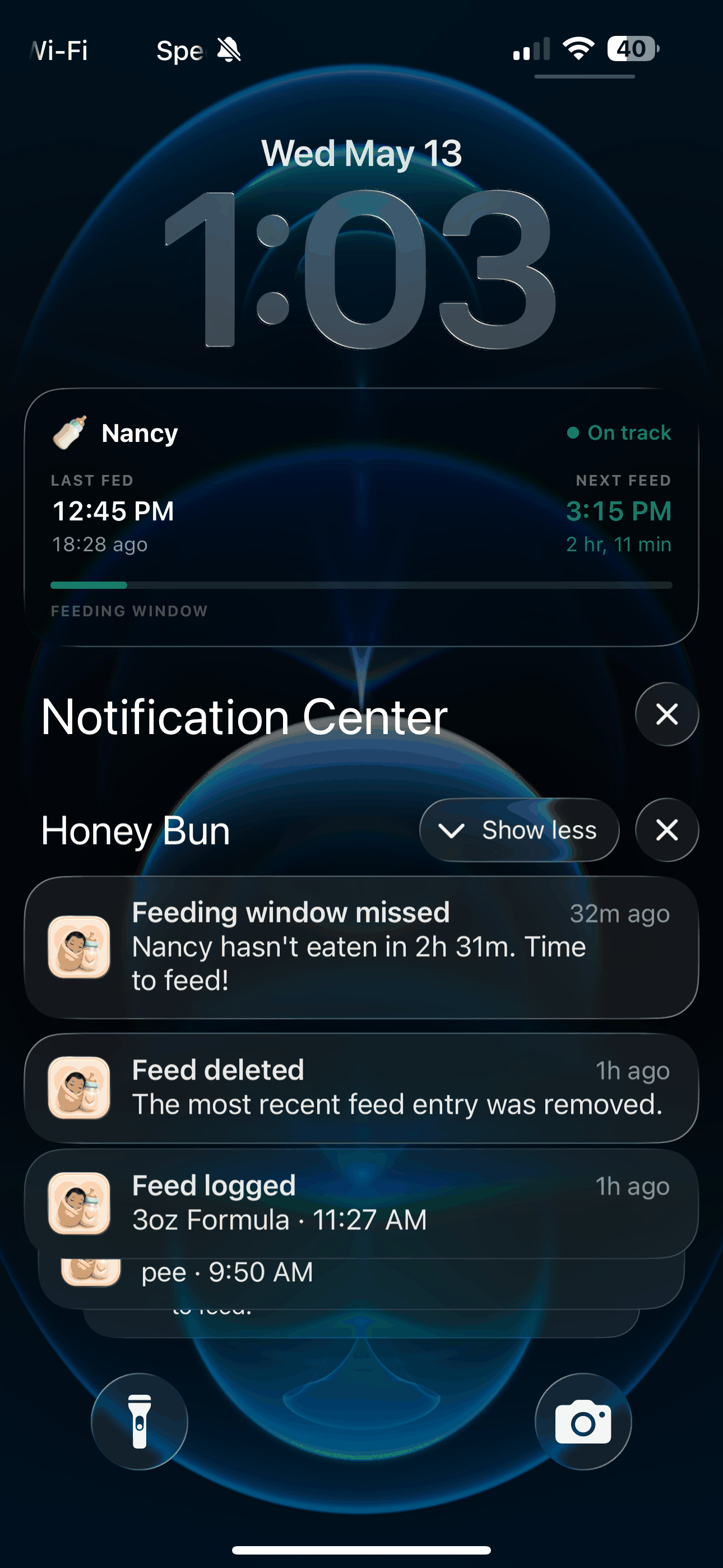 iPhone Lock Screen showing Honey Bun Live Activity with next feed countdown plus Notification Center entries for feeding window missed, feed deleted, and feed logged