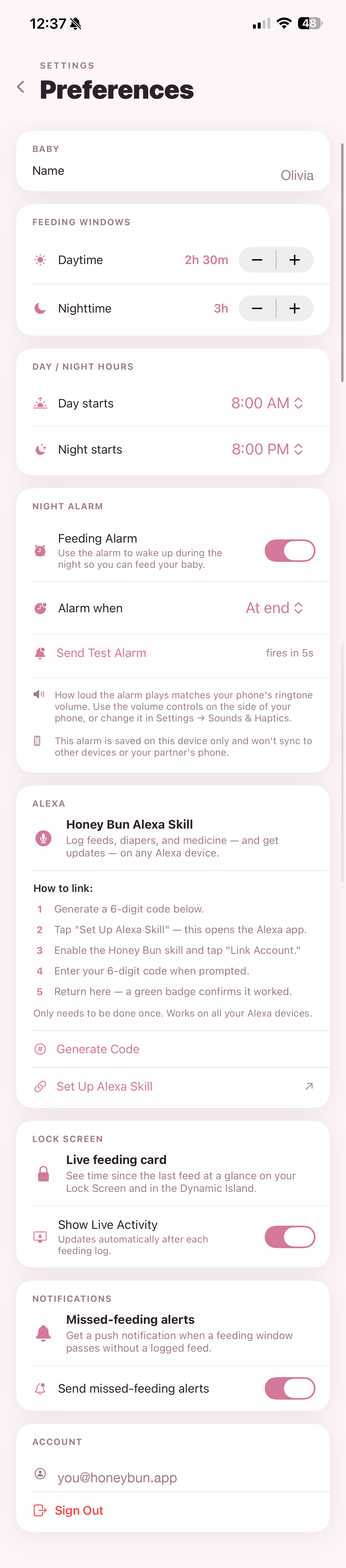 Honey Bun Settings on iPhone — feeding windows, night alarm, Alexa linking, Live Activity, missed-feeding alerts